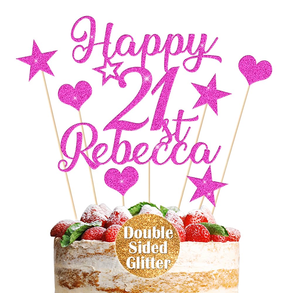 Personalised Cake Topper Custom Multicoloured Non-Shed Double Sided Glitter Cake Decoration Happy Birthday Cake Topper with Any Name Any Age 13th 21st 30th 50th (Pink)