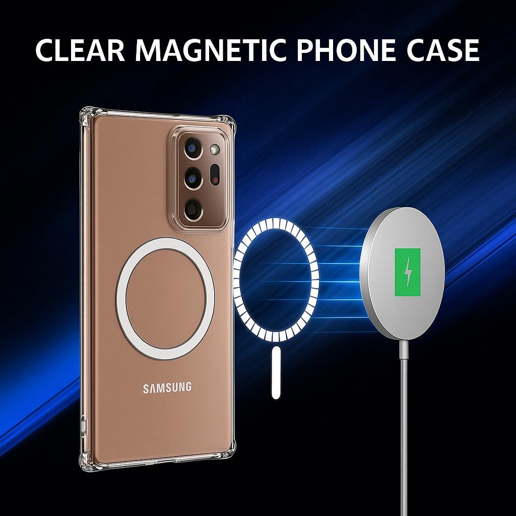 Clear Magnetic Phone Case for Samsung Galaxy Note 20 Ultra, 6.9-Inch Shockproof Heavy Duty Protection Crystal Transparent TPU PC Back Cover Bumper Slim Fit Wireless Charging Compatible - Image 4