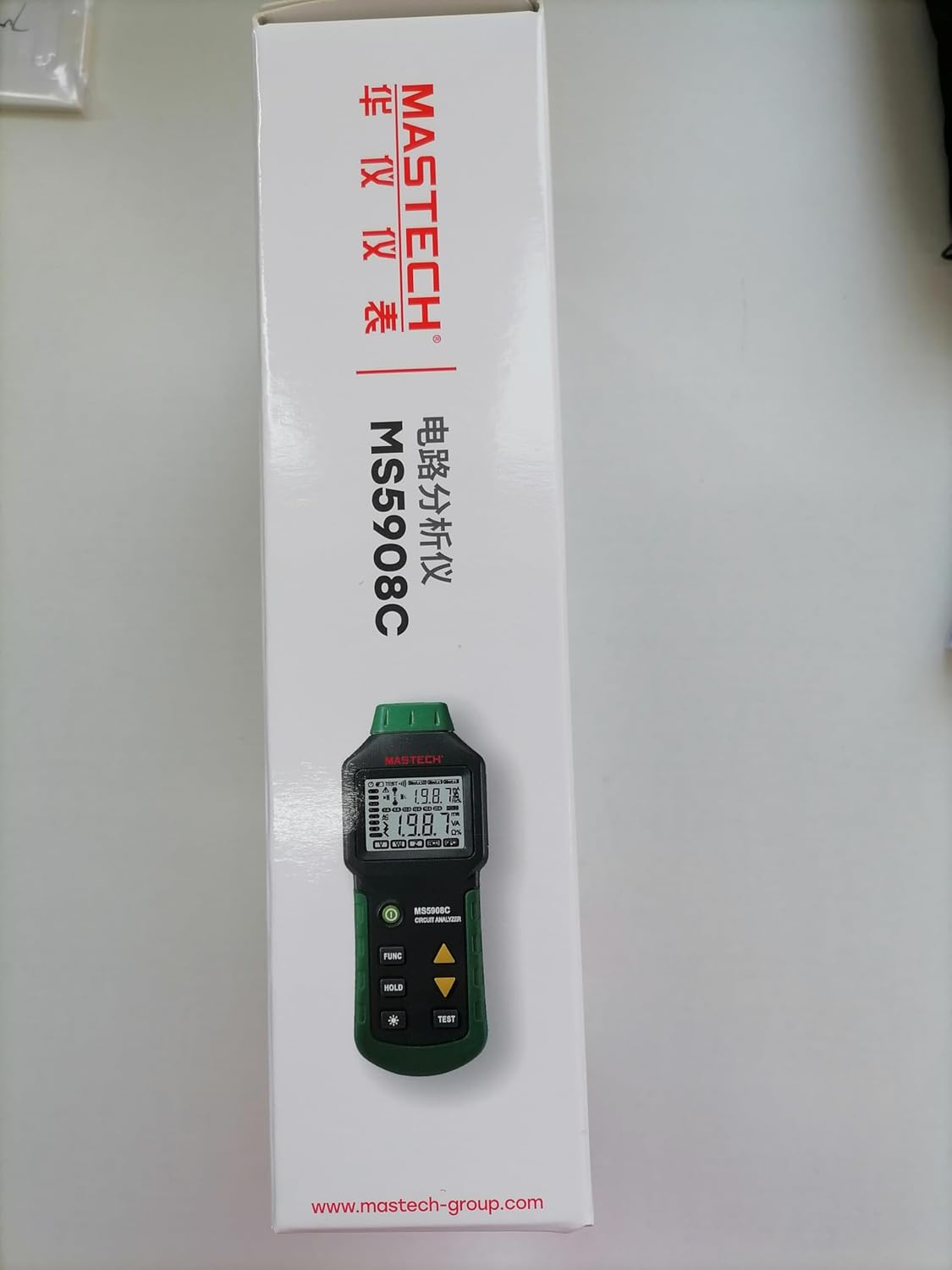 Side of the product packaging for the Mastech MS5908C, showing a 1-year limited warranty icon.