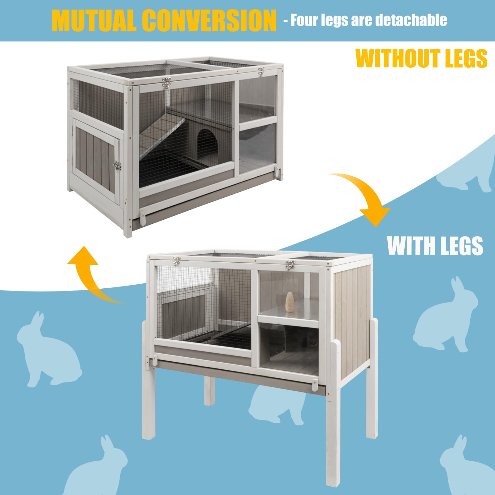Guinea Pig Cages Indoor, Wooden Guinea Pig Cages with Stand, Rabbit Cage Hutch with Ramp and Hideout, Small Animals Cage Habitat with Not Leakage Pull Out Tray