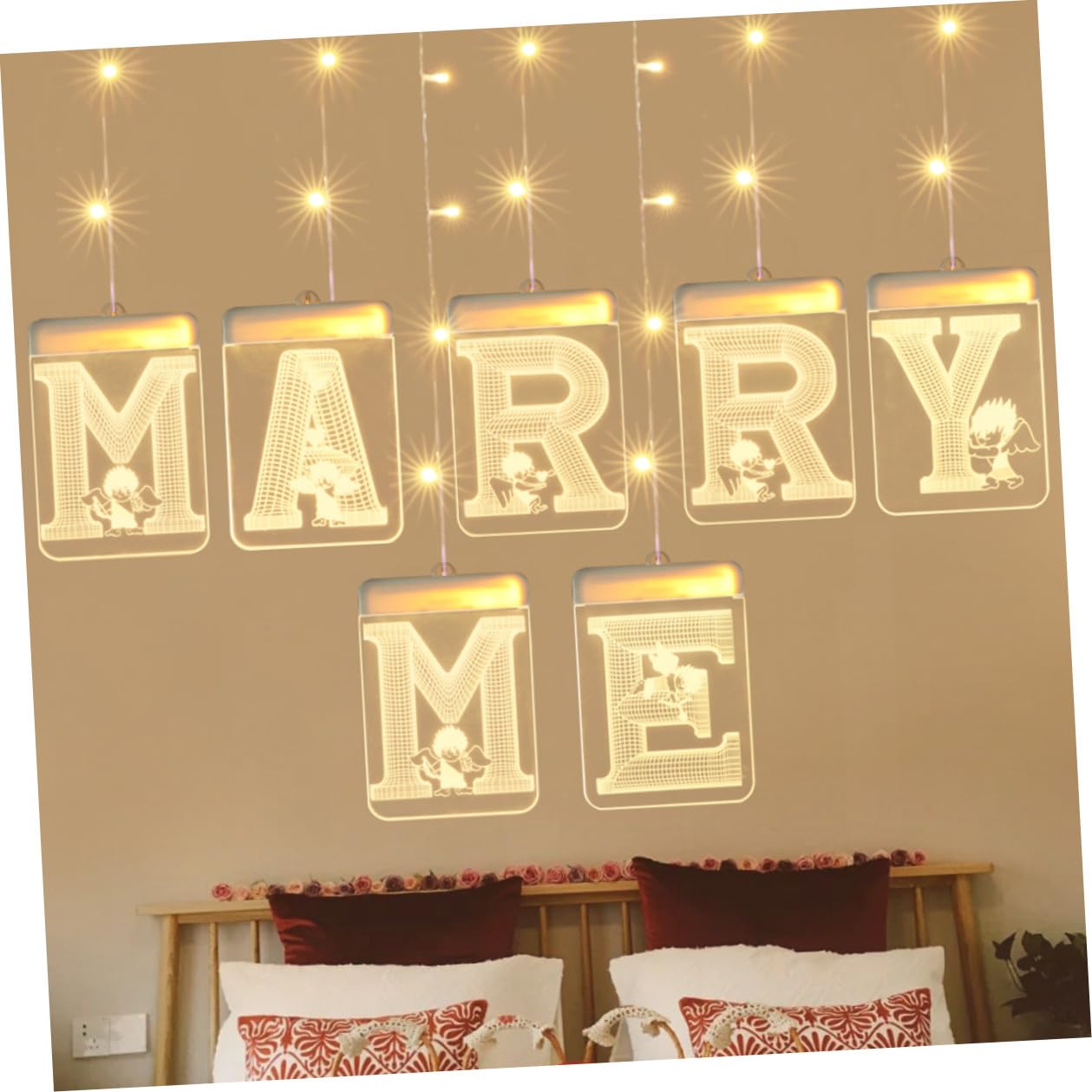 Heirate Mich LED Lichterkette mit USB Anschluss, Acryl | Romantisches Warmweißes Licht, für Party und Hochzeitsdekoration, Beige, Flammenlos