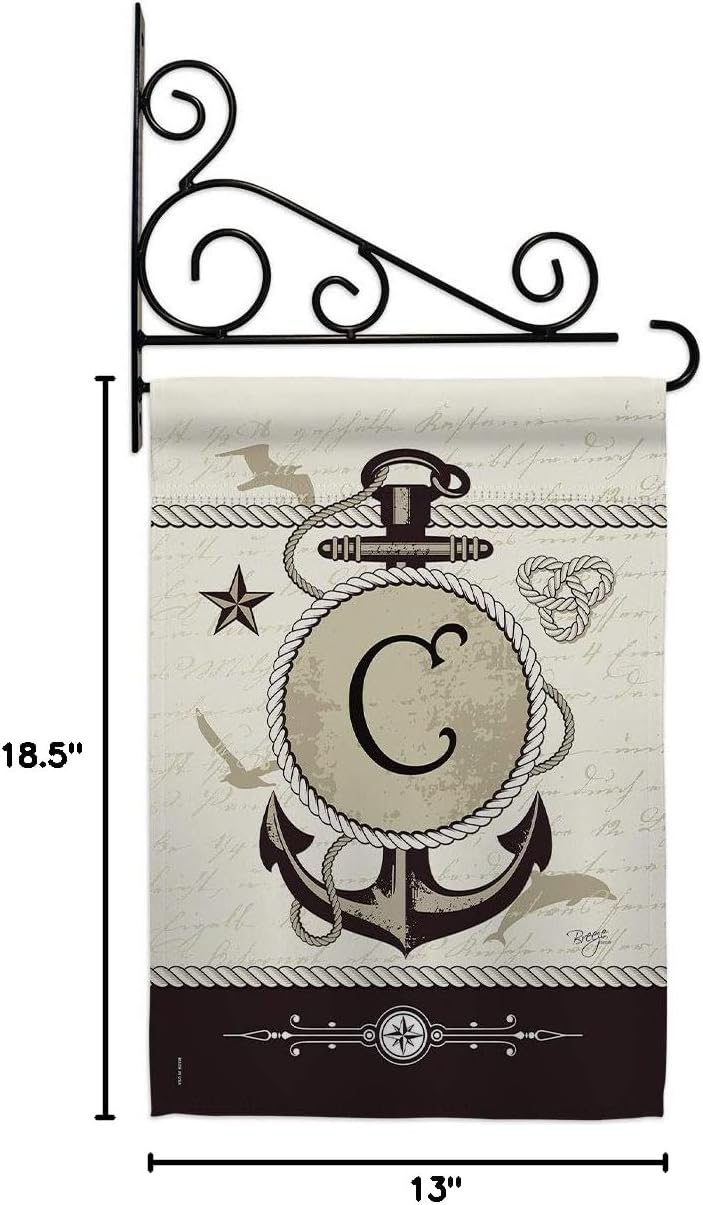 Nautical C Initial Garden Flag Set Wall Holder Monogram Coastal Anchor Sailor Sea Shells Outdoor Summer Ocean Small Decorative Gift Yard House Banner Double-Sided Made In USA 13 X 18.5
