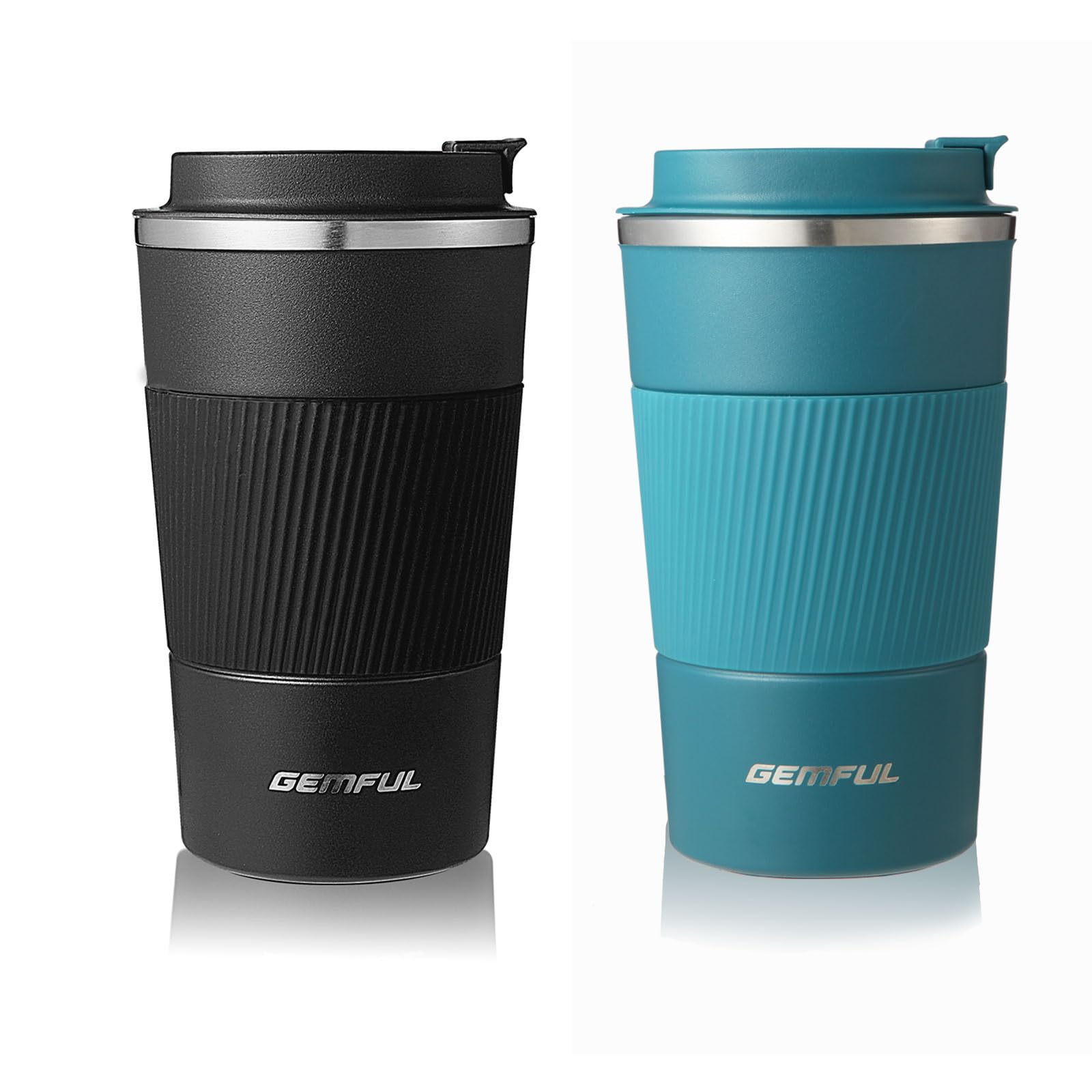 GEMFUL Travel Coffee Mug 2 Pack Insulated To Go Tumbler with Lid Portable Stainless Steel Reusable Cups Leak proof for Women Hot Cold Drinks 17oz (Black and Blue)