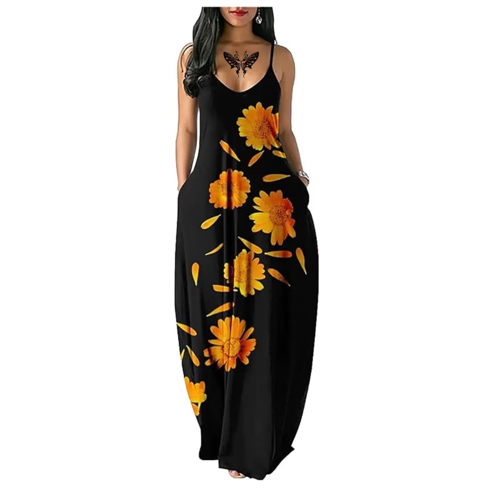 25523 - Maxi abito estivo da donna, stile casual, senza maniche, con spalline a punto smock