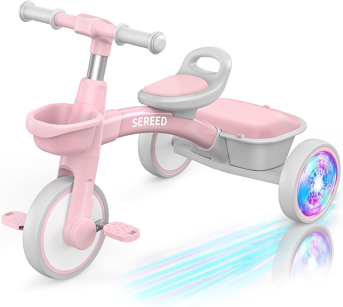 Triciclo con iluminación colorida, juguete de regalo para niños de 2 a 5 años, niñas | Fácil montaje a presión, ruedas iluminadas, marco ligero y resistente, asiento y manillar ajustables, cestas desmontables.