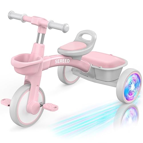 SEREED Colorful Lighting Toddler Tricycle Gift Toy for Ages 2-5 Boys Girls | Easy Snap Assembly,Lighting Wheels,Lightweight Sturdy Frame,Adjustable Seat & Handlebar,Detachable Baskets
