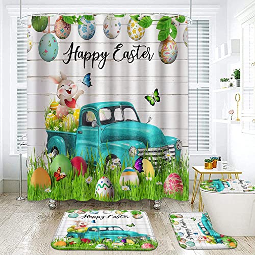 Newsuyaa Easter Day Shower Curtain With Bath Rugs Rustic Bathroom Sets, 4 Piece Cartoon Funny Rabbit Tail Easter Eggs Toilet Lid Cover Mat And Hooks,71 Inch Long Happy Easter Bathtub Decor (Green) #TOP1