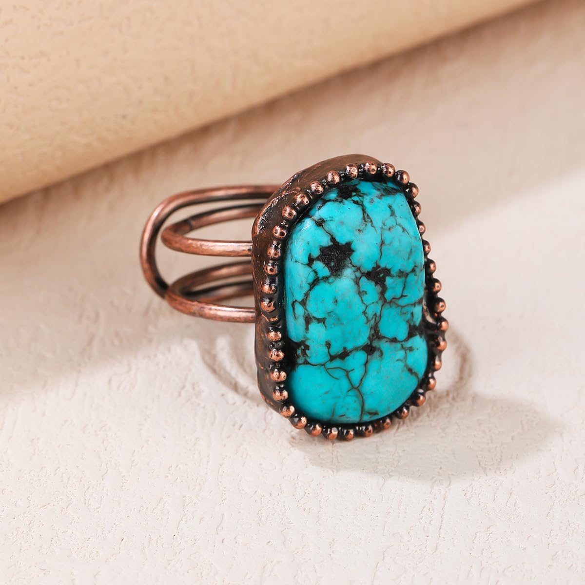 Vintage Electroplated Copper Antique Turquoise Labradorite Druzy Chunky Ring, Western Charming Natural Gemstone Open Cocktail Adjustable Ring for Women - Image 5