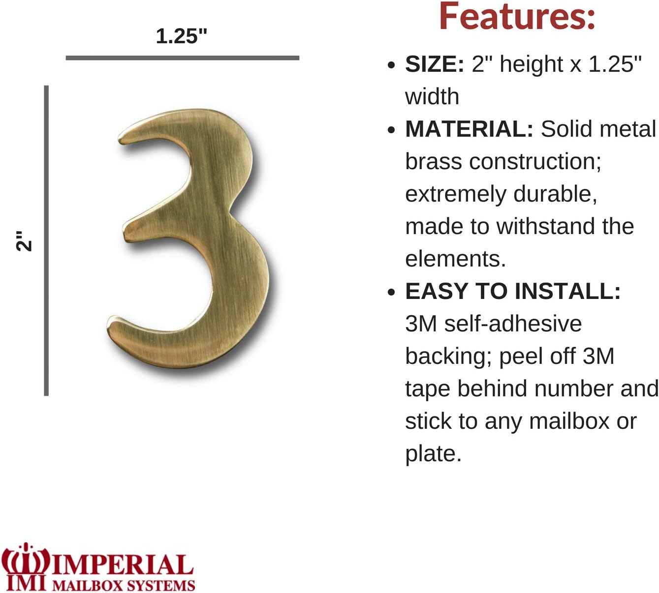 Self-Adhesive 2" Inch Imperial Brass Mailbox Number #3