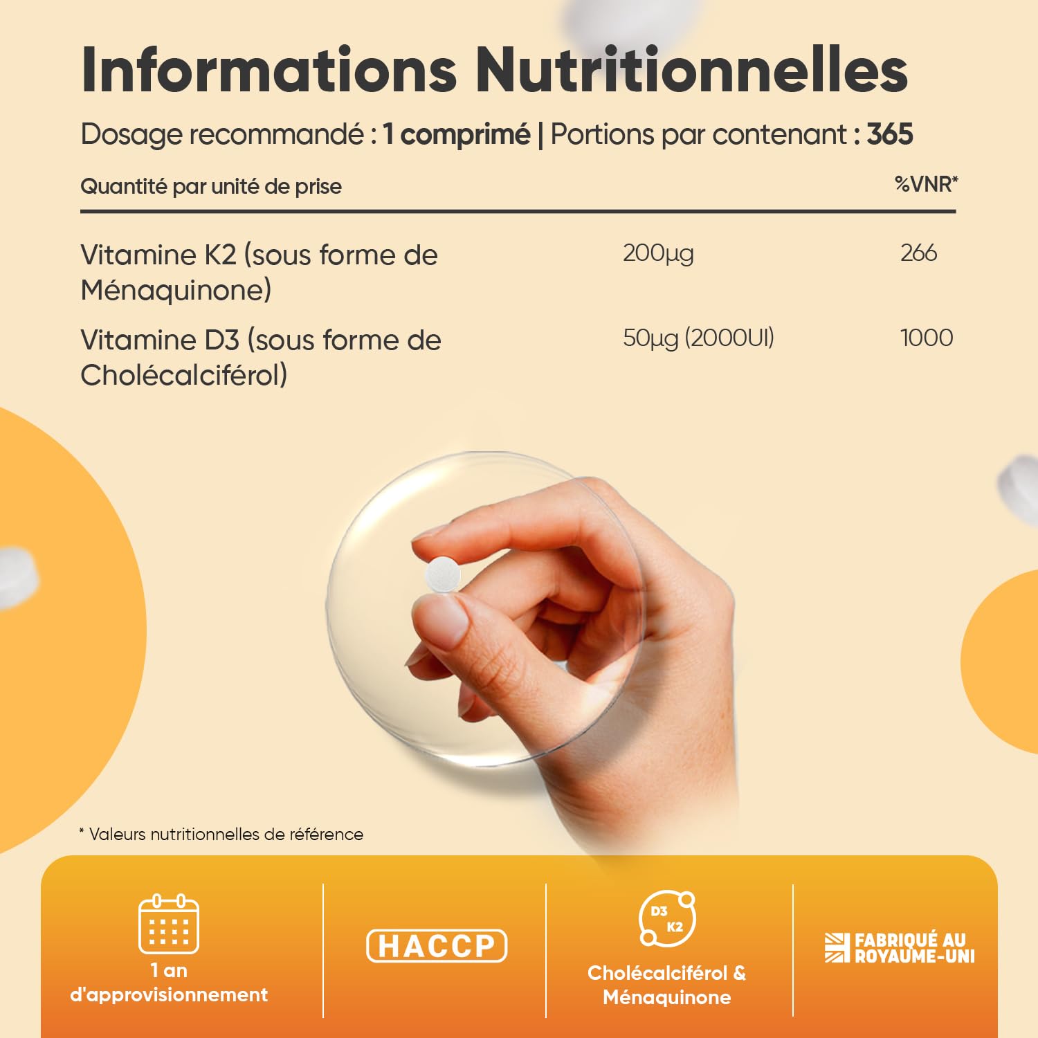 Vitamine D3 K2 MK7, 365 Micro-Comprimés Végétariens (pour 1 An), Combinaison Vit D3 2000UI Cholécalciférol avec Vitamine K2 MK7 200μg Ménaquinone, sans Stéarate de Magnésium