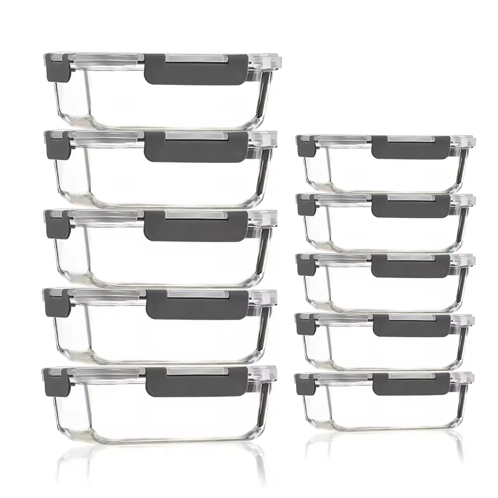 Eidoct Glass Containers with Lids, 10 Pack Airtight Glass Meal Prep Containers, Food Storage Containers, Reusable, Stackable, Microwave, Oven, Freezer and Dishwasher, 1050ml & 370ml (Gray)