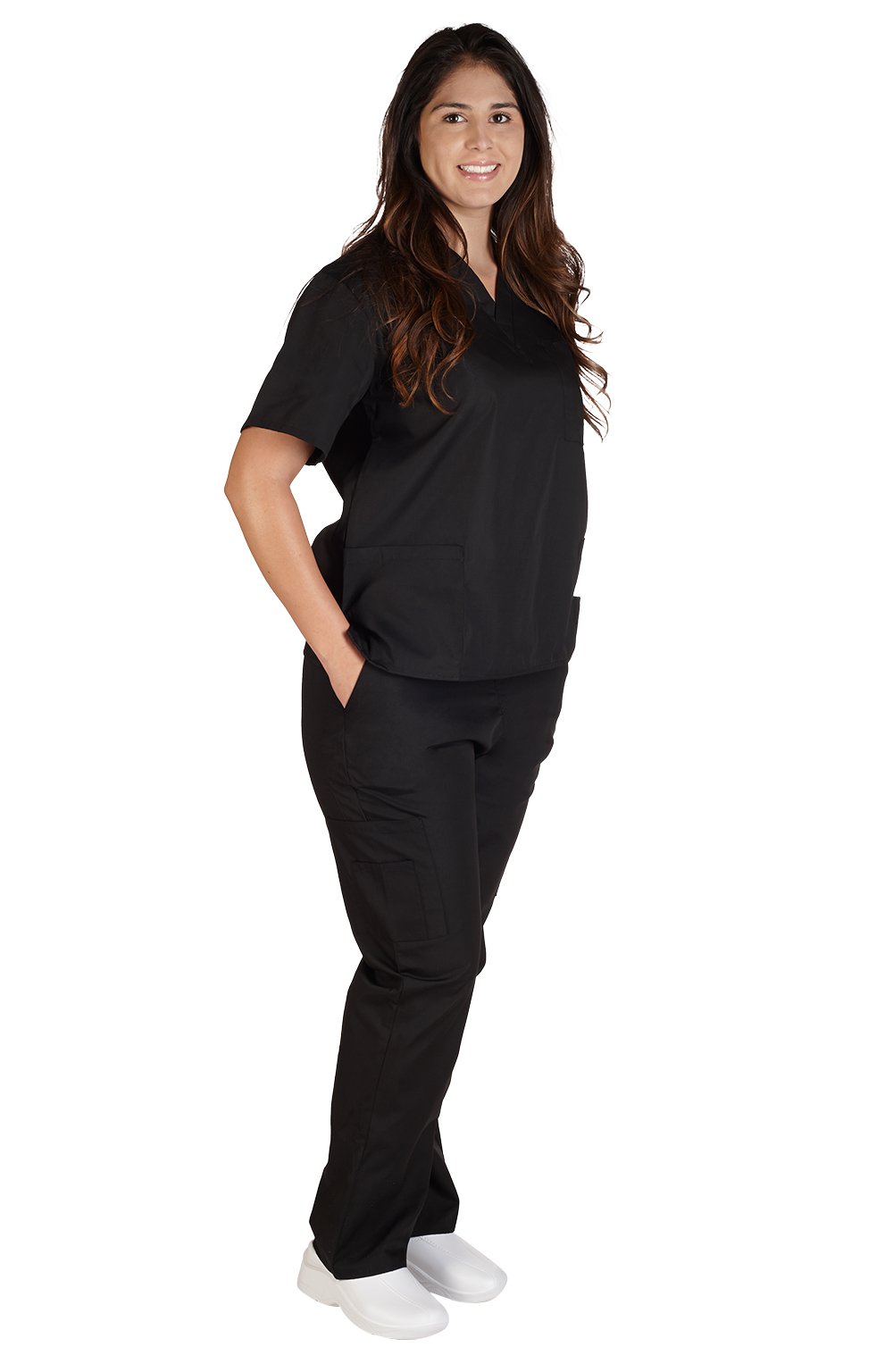 Natural Uniforms Solid V-Neck Women's Scrub Set Medical Scrub Tops and Pants (Medium, Black)