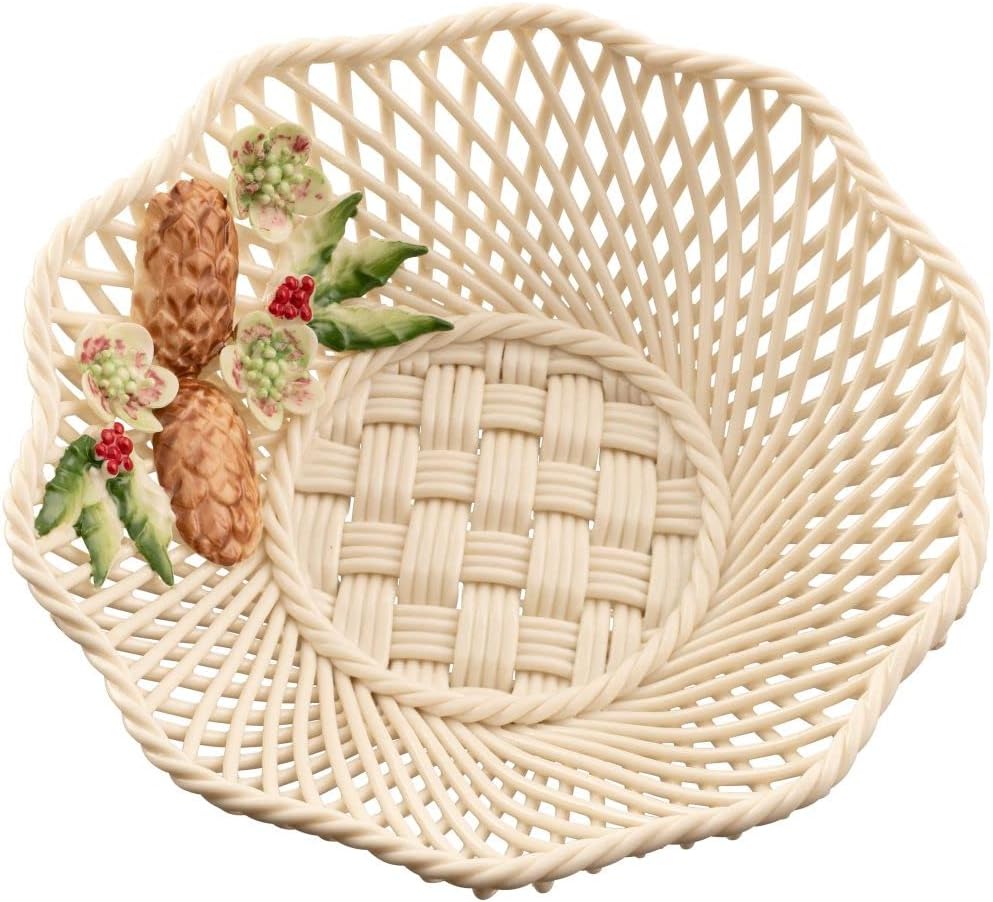 Belleek Wild Irish Hedgerow Winter Basket - Boho Room Decor, Decorative Storage Baskets, Adorned with Pinecones, Holly, and Christmas Rose, 7”D x 1.5”H