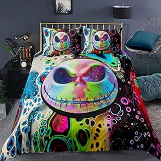 Anwind Bedding Set Skull Nightmare Before Christmas Halloween Valentine's Day Decor Gifts Present Jack Skellington Sally Bed Comforter Duvet Cover with Pillow Case (Multi Skull 20,Single)