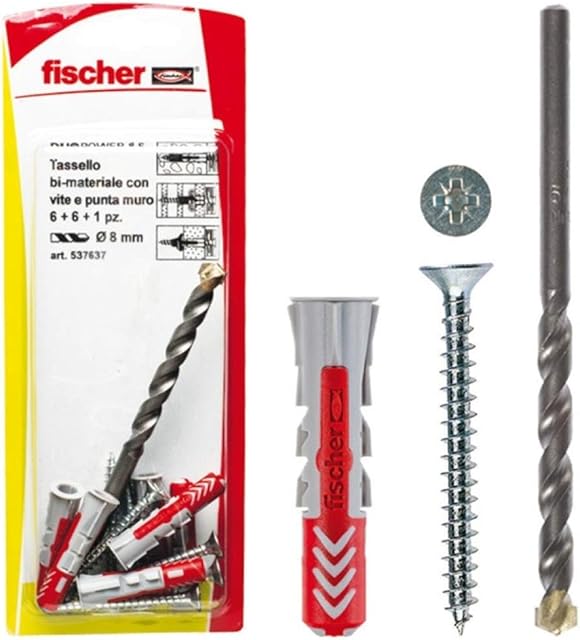 Fischer 8 Kołki Duopower ze śrubą i 1 wiertłem, 6 x 30 mm, do pełnej ściany, cegły perforowanej, płyt gipsowo-kartonowych, 537636