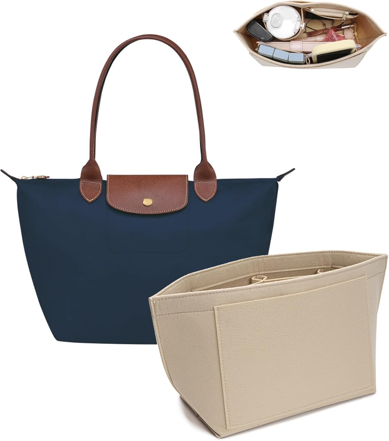 Umiup Bag Insert Organiser for Longchamp Le Pliage, Handbag Organiser Felt Bag Organiser with Multifunctional Pockets, Large Capacity for Longchamp Large/Medium/Small