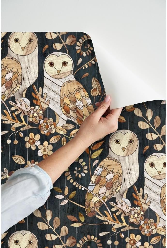 Peel & Stick Wallpaper 3ft x 2ft - Barn Owl Collage Large Owls Wood Nature Night Modern Farmhouse Custom Removable Wallpaper by Spoonflower