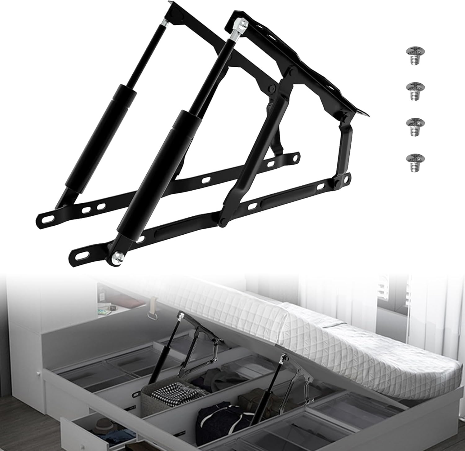 Heavy Duty Hydraulic Storage Bed Lift Mechanism 220.5LB/100kg Load Capacity Foldable Hydraulic Gas Spring Hinge Storage Lift Kit for Mattress Box Sofa Bed Cabinet DIY Furniture Hardware, 2-Pack Set