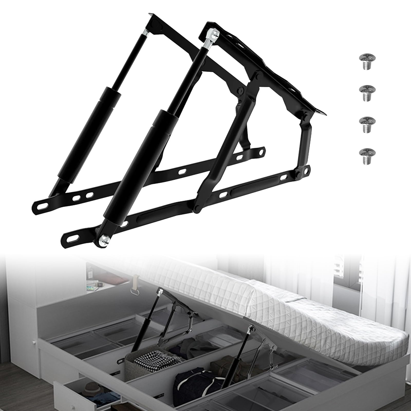 1 paio di meccanismi di sollevamento pneumatici per letto da 53 cm, meccanismo di sollevamento per letti contenitore, cerniera idraulica nera per sollevamento letto, capacità di carico 100 kg, per