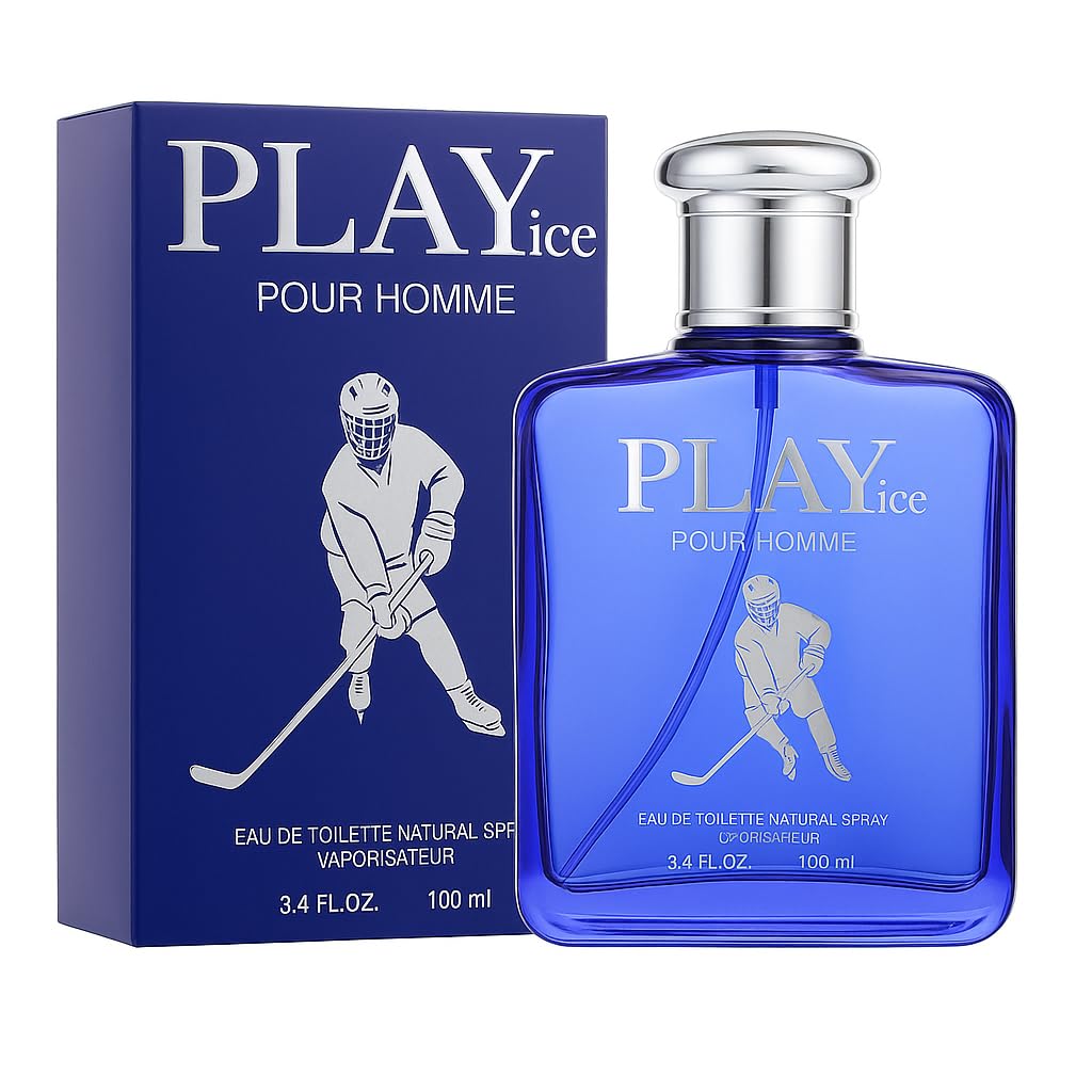 Men's Perfume Sports Version, Blue Glass Bottle Cologne for Men, 3.4 Fl Oz (100ml), Men's Fragrance with Hockey Player Design