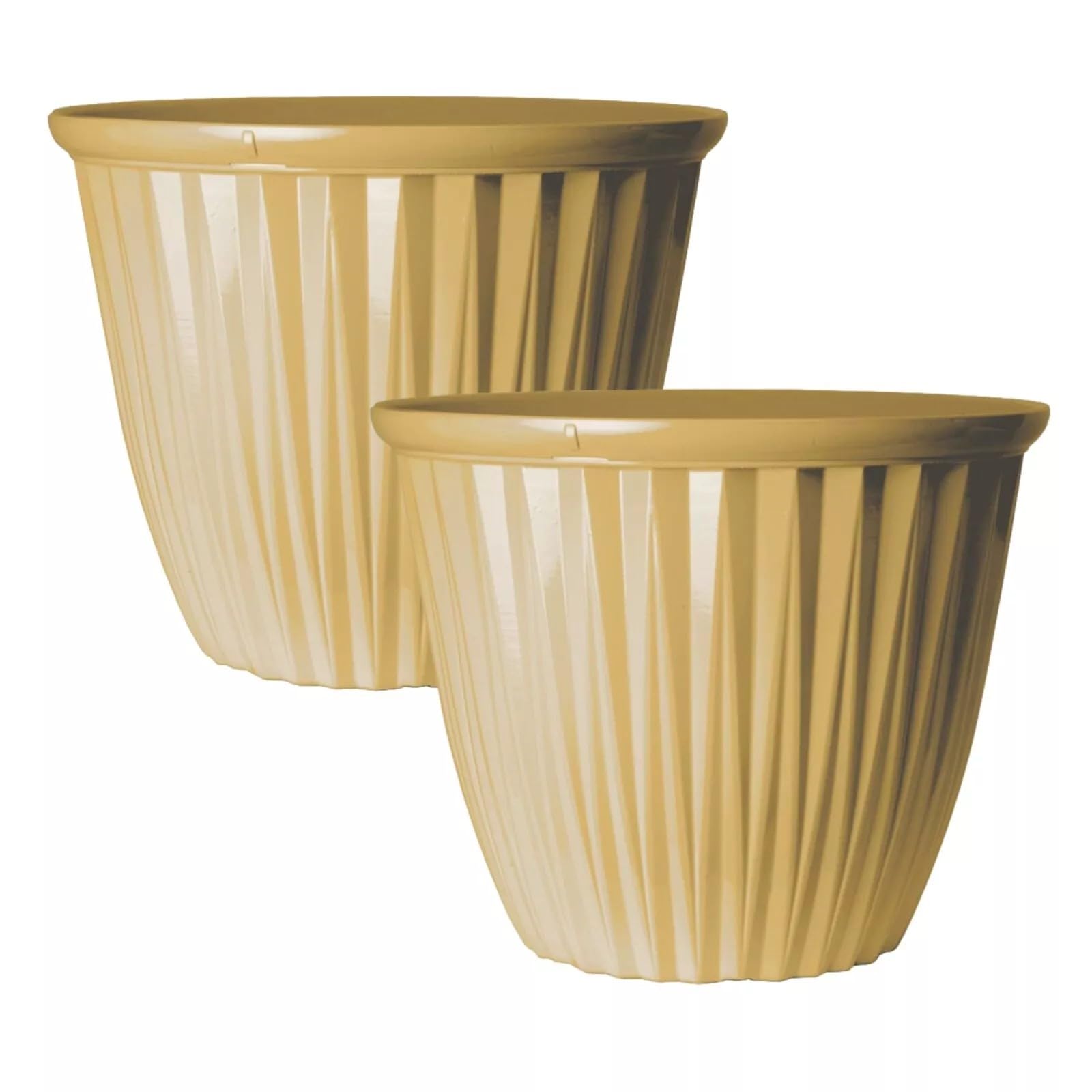2Pc Round Plastic Yellow Plant Pot 38cm Outdoor 22L Garden Planter Glossy Effect