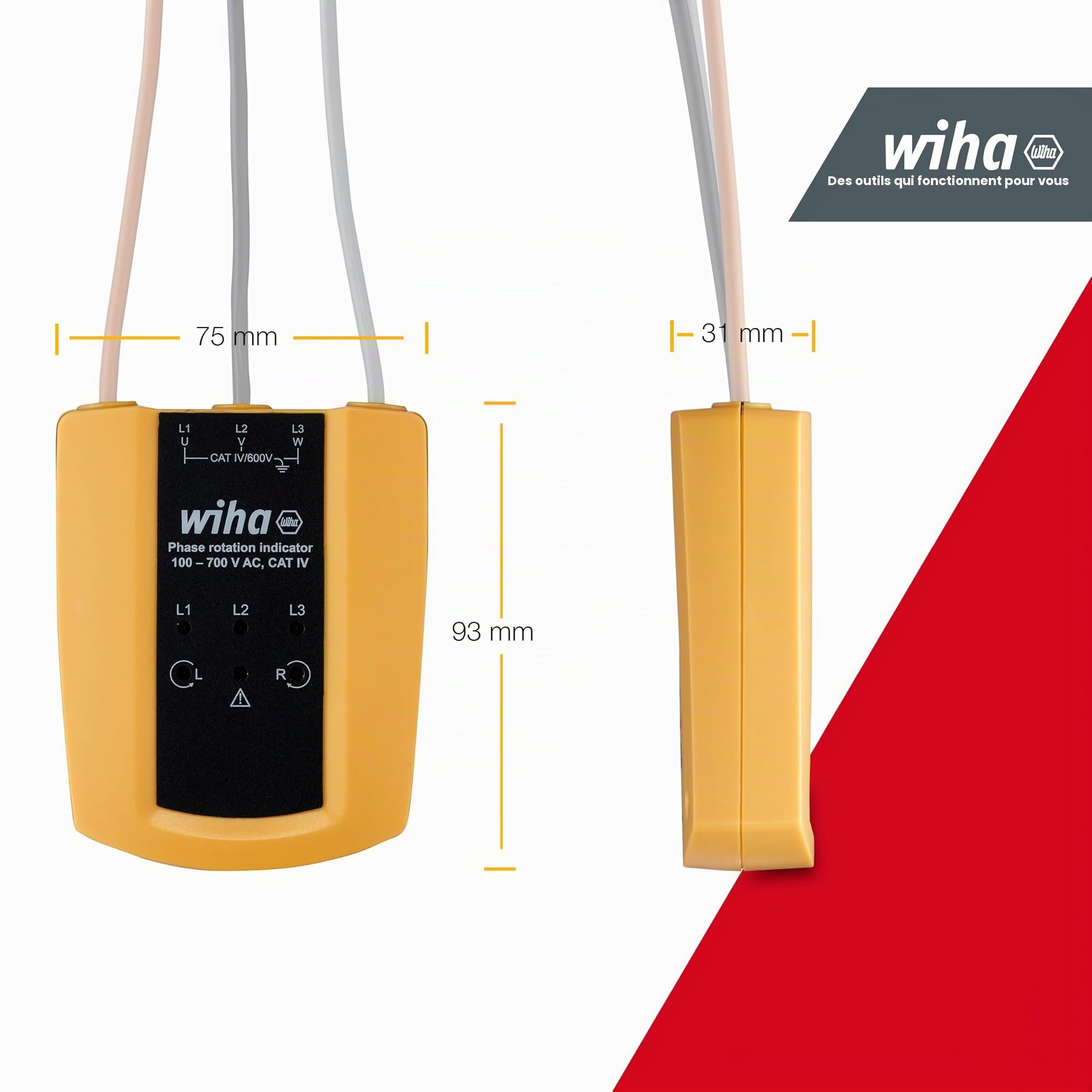 Wiha 45221 Drehfeldtester Cat III 1000 V, Cat IV 600V Noir