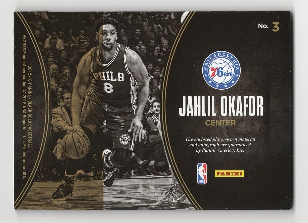 JAHLIL OKAFOR 2015-16 Panini Black Gold Basketball ROOKIE JERSEY AUTOGRAPHS (2-Color Jumbo Patch) Philadelphia 76ers Extremely Rare Insert Signed NBA Collectible Trading Card #11/25 (Only 25 Made)