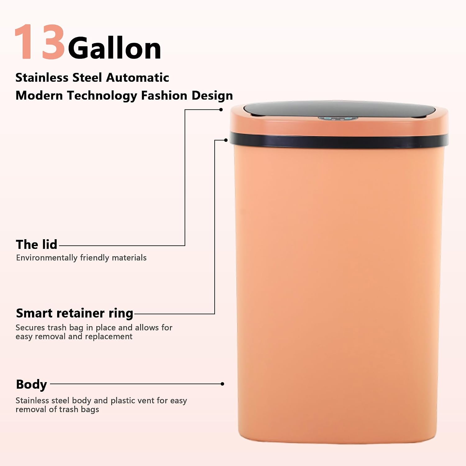Automatic 13 Gallon Trash Can,Soft Close Large Garbage Can with Lid,Indoor Smart Trashcans for Kitchen,Waterproof Trashcans for Kitchen,Touch-Free Trash Can,Peach Pink
