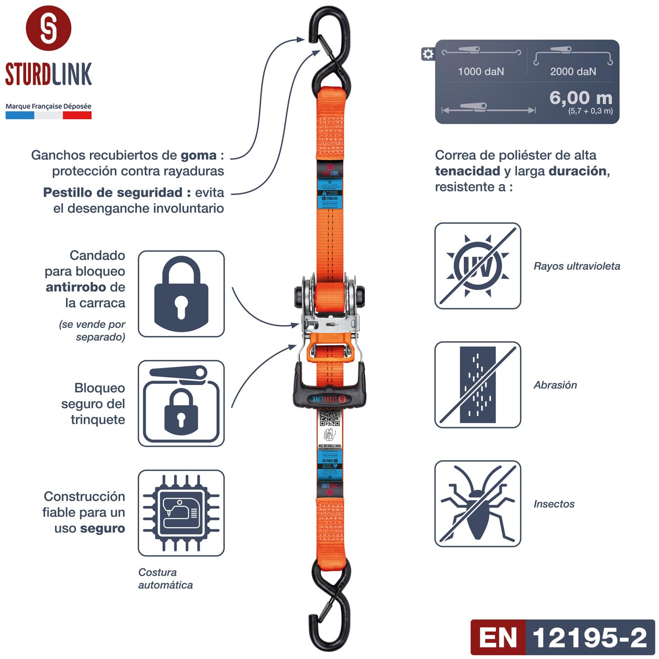 Correa de trinquete de 6 m y 35 mm con recuperador de tensión | Lote de 2 correas de amarre con ganchos S con linguete | LC 1000daN/2000daN en U + bolsa de almacenamiento | para remolque, furgoneta