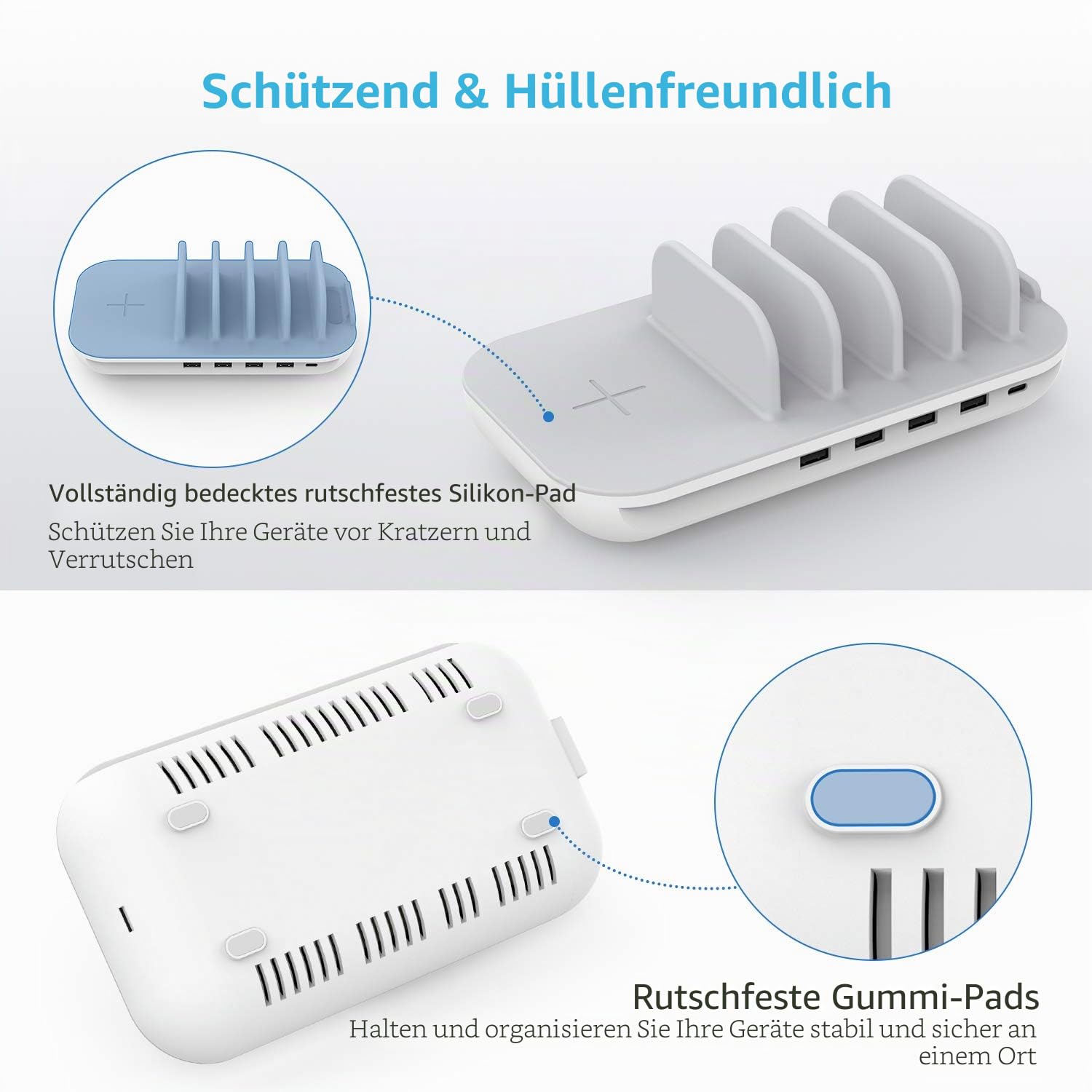 SooPii 70W Mehrgeräte Ladestation, 5-Port Induktive Ladestation mit 15W Wireless, 25W USB C PD/PPS Schnellladung für lPad, lPhone 16/15/Pro/Pro Max/Galaxy, inkl. 5 STK. gemischte Ladekabel