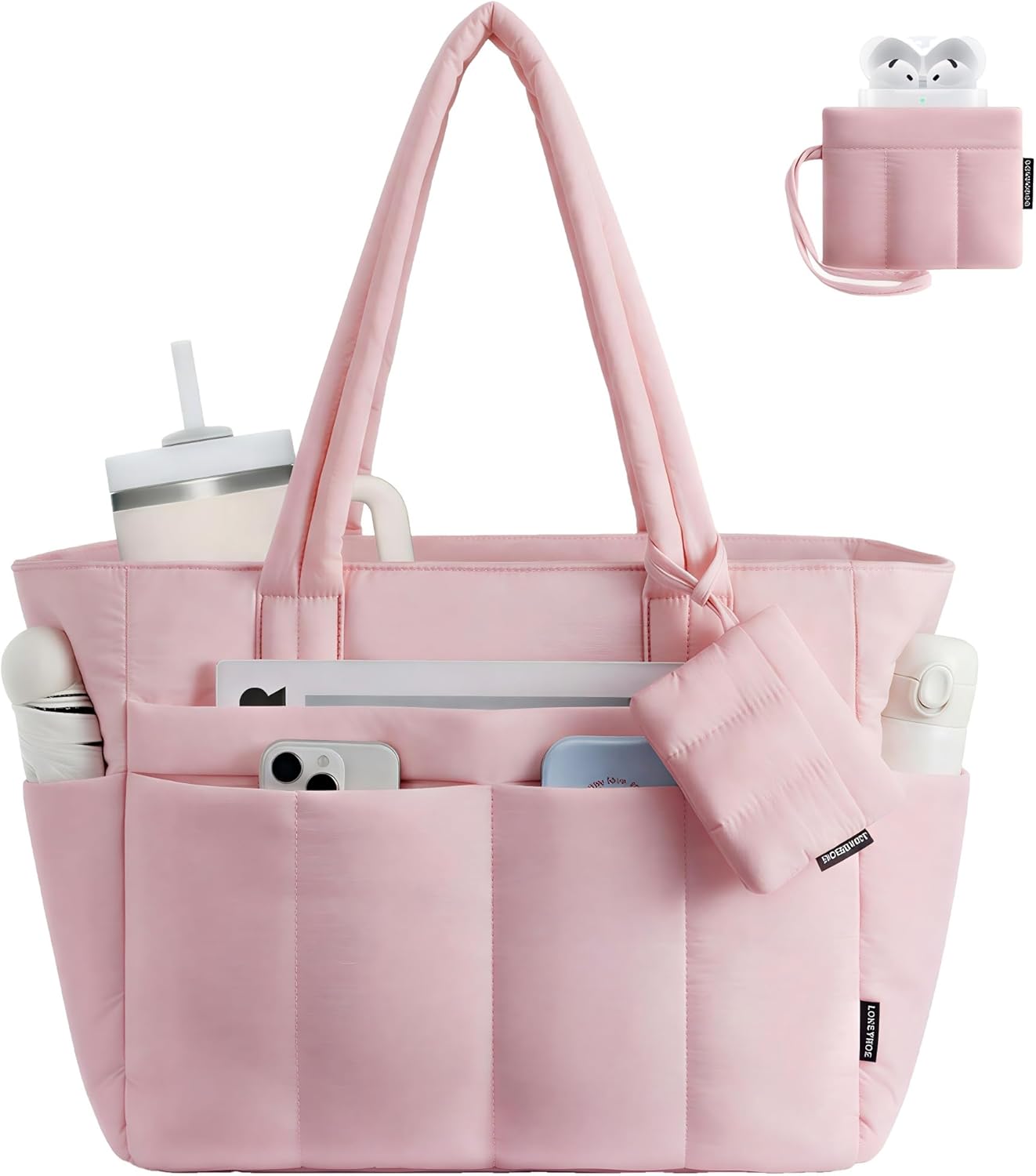 LOVEVOOK Puffer Tote Bag for Women Quilted Work Tote Handbags with Zipper 15.6 inch Teacher Nurse Bags for Office