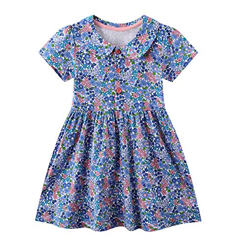 Hileelang Kids Little Girls Short Sleeve Dress Summer Cotton Casual Blue Flower Print Peter Pan Collar Basic Tunic Shirt Jersey Dresses 5T #TOP17