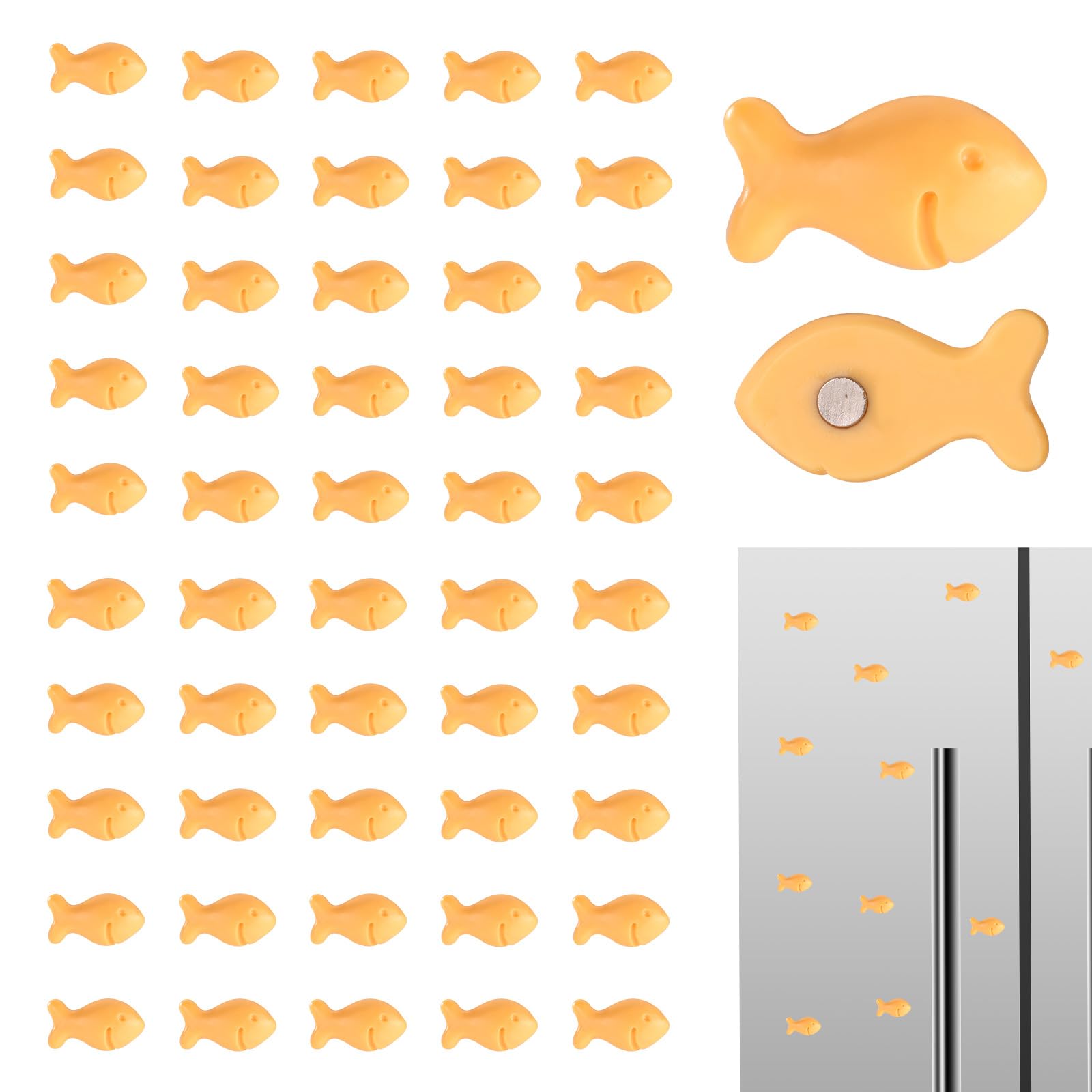 Sinbana 50pcs Mini Resin Goldfish Cookies Fridge Magnets, Yellow Cute Tiny Refrigerator Decorative Magnets Funny Magnetic Fish Decor for Kitchen Home Office Locker Bulletin Board