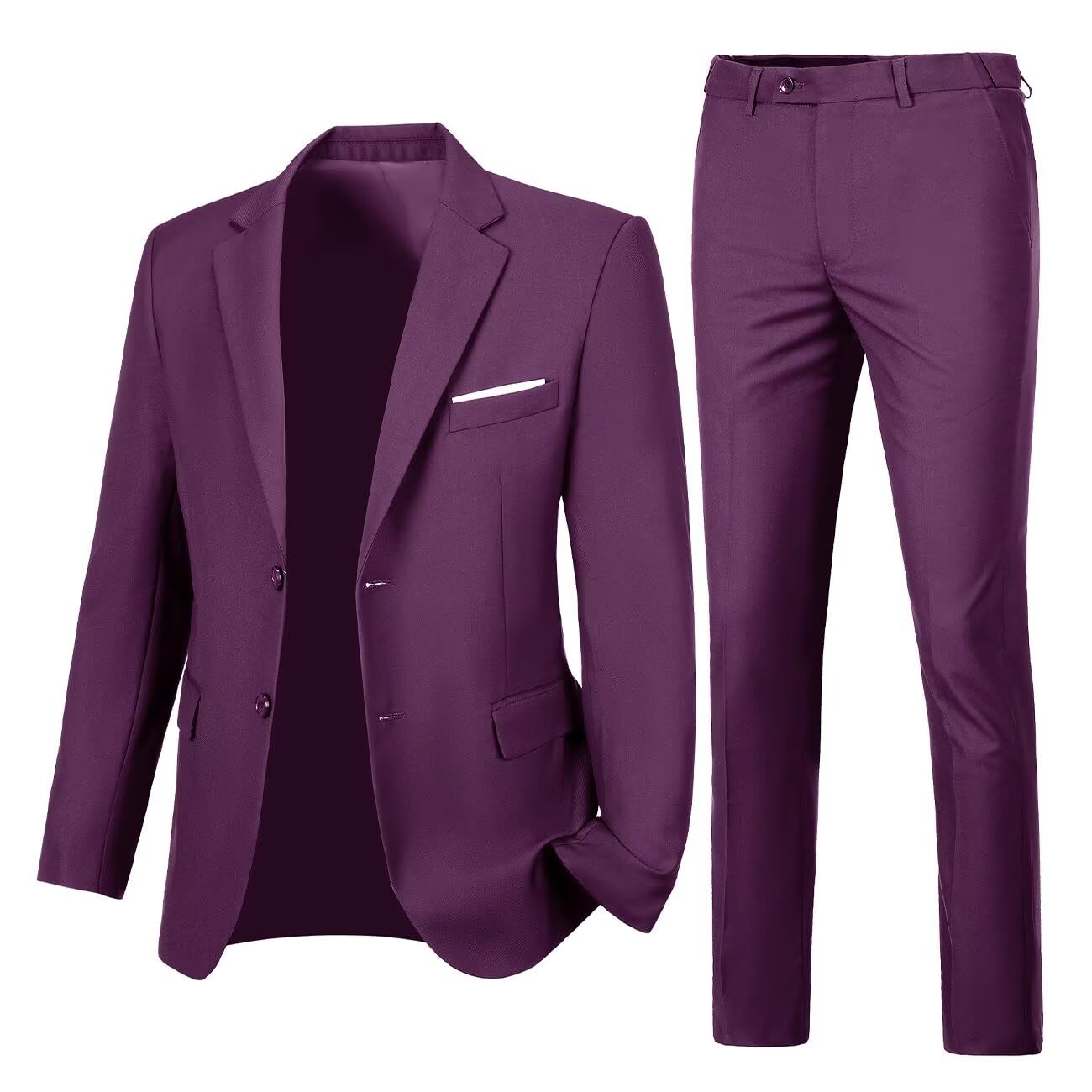 Lynerun Mens Slim Fit 2 Piece Suit Two Button Notched Lapel Solid Suit Jacket Pants Set Tuxedo for Prom, Grape Purple, M