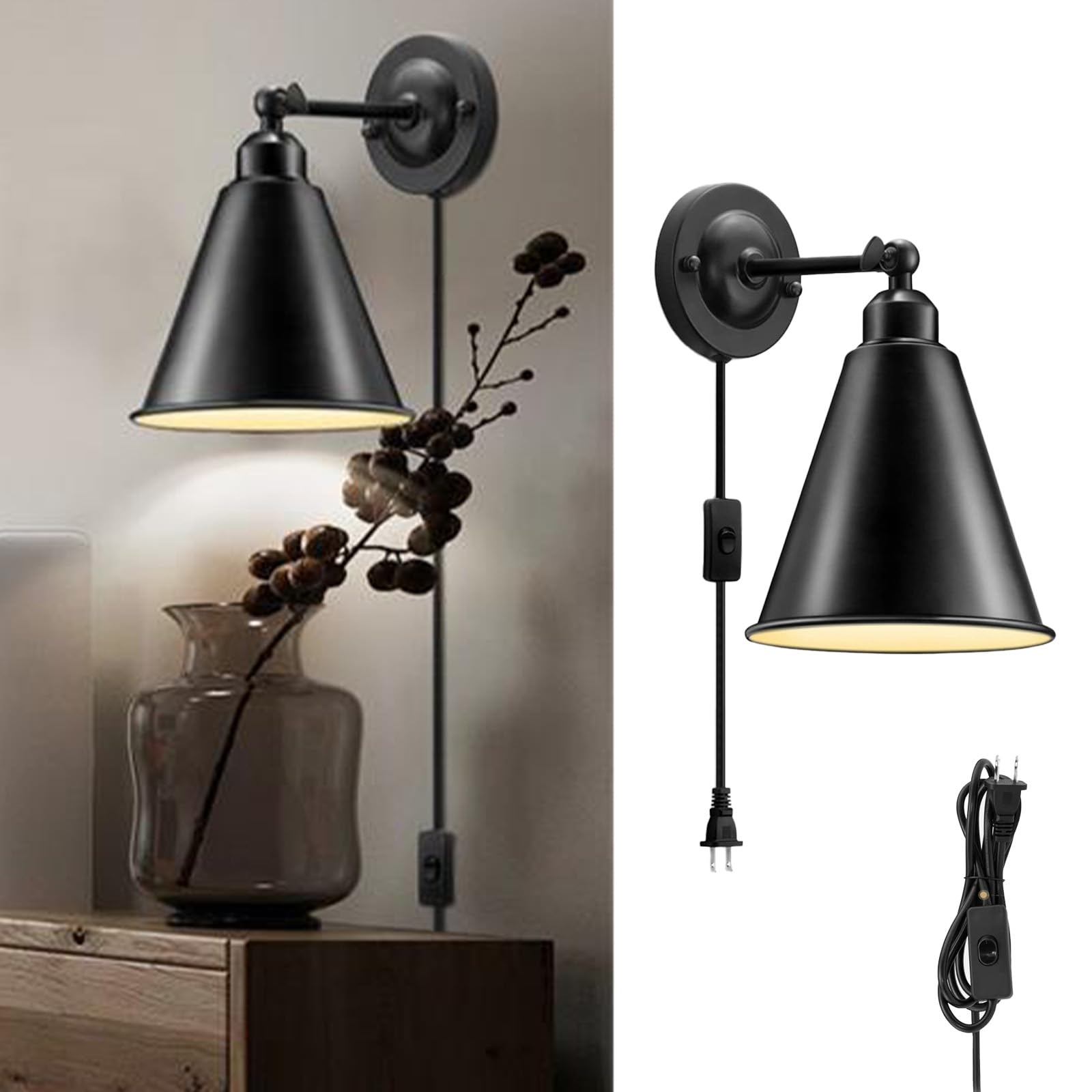 Lámpara de pared retro E27 con interruptor para cabecera de cama estilo vintage negro 8