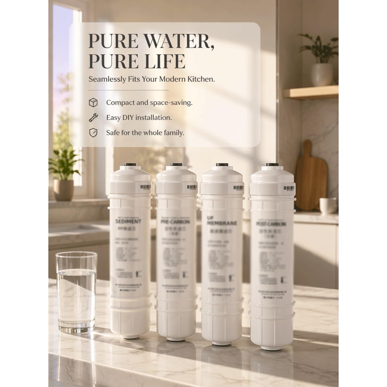 Pack De 4 Cartuchos De Filtro De Agua,Filtro De Sedimentos PP | ,Carbón De Coco Previo,Membrana De Ultrafiltración UF,Filtro De Carbón Posterior De Repuesto