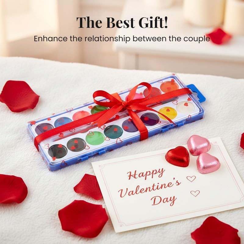 16 Colors Heart Watercolor Paint Set with Washable Paintbrush, 12 Pack Water Color Paint Sets for Adult, Valentines Gifts Party Favor Art Supplies Preschool Classroom Prizes Exchange
