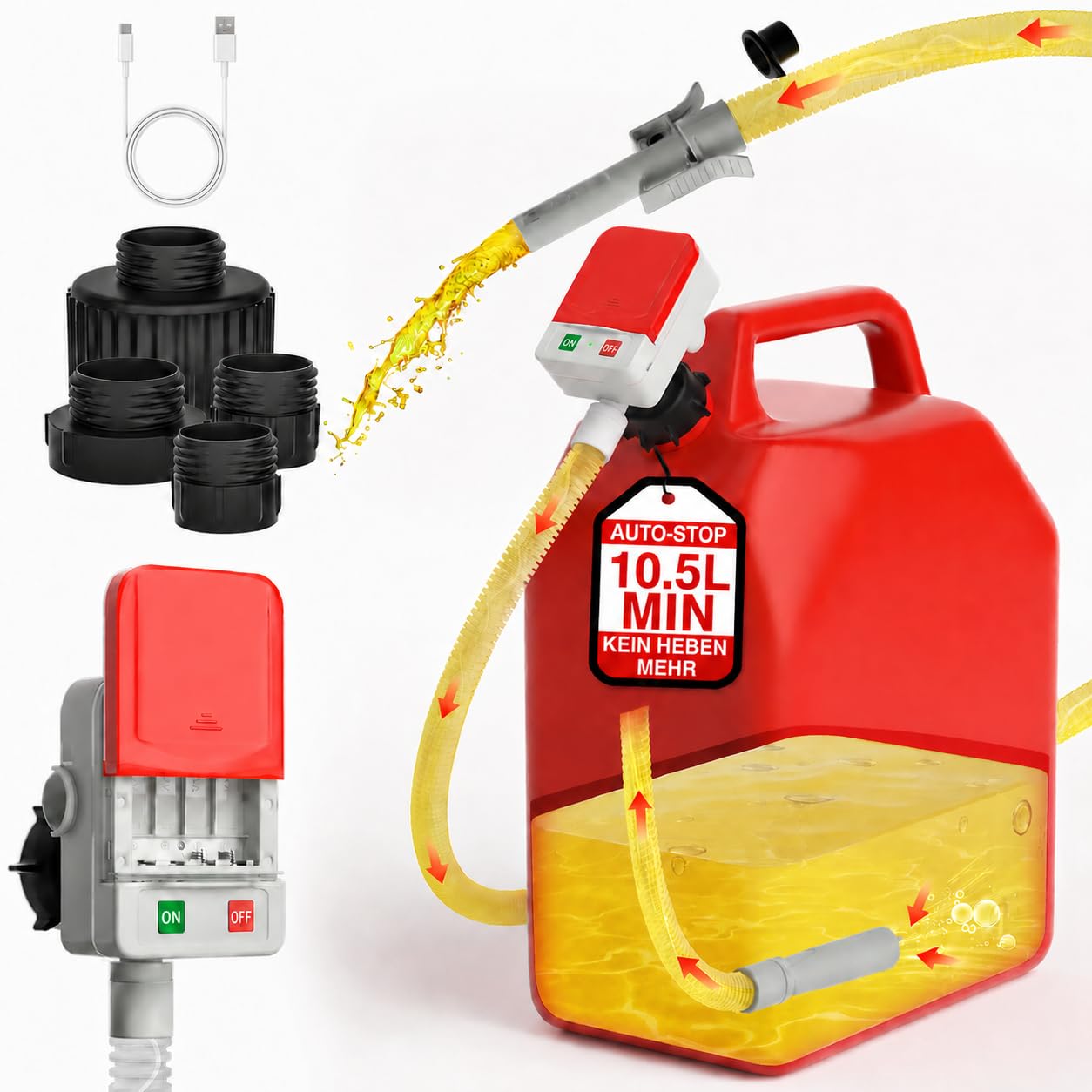 Keimi Kraftstoffpumpe mit Auto-Stop, 2,4GPM (10.5L/Min）129,5 cm extra langer Schlauch, batterie- & USB-betrieben, 4 Dosenadapter, schnelle und sichere Gaspumpe für Öl, Diesel und Benzin