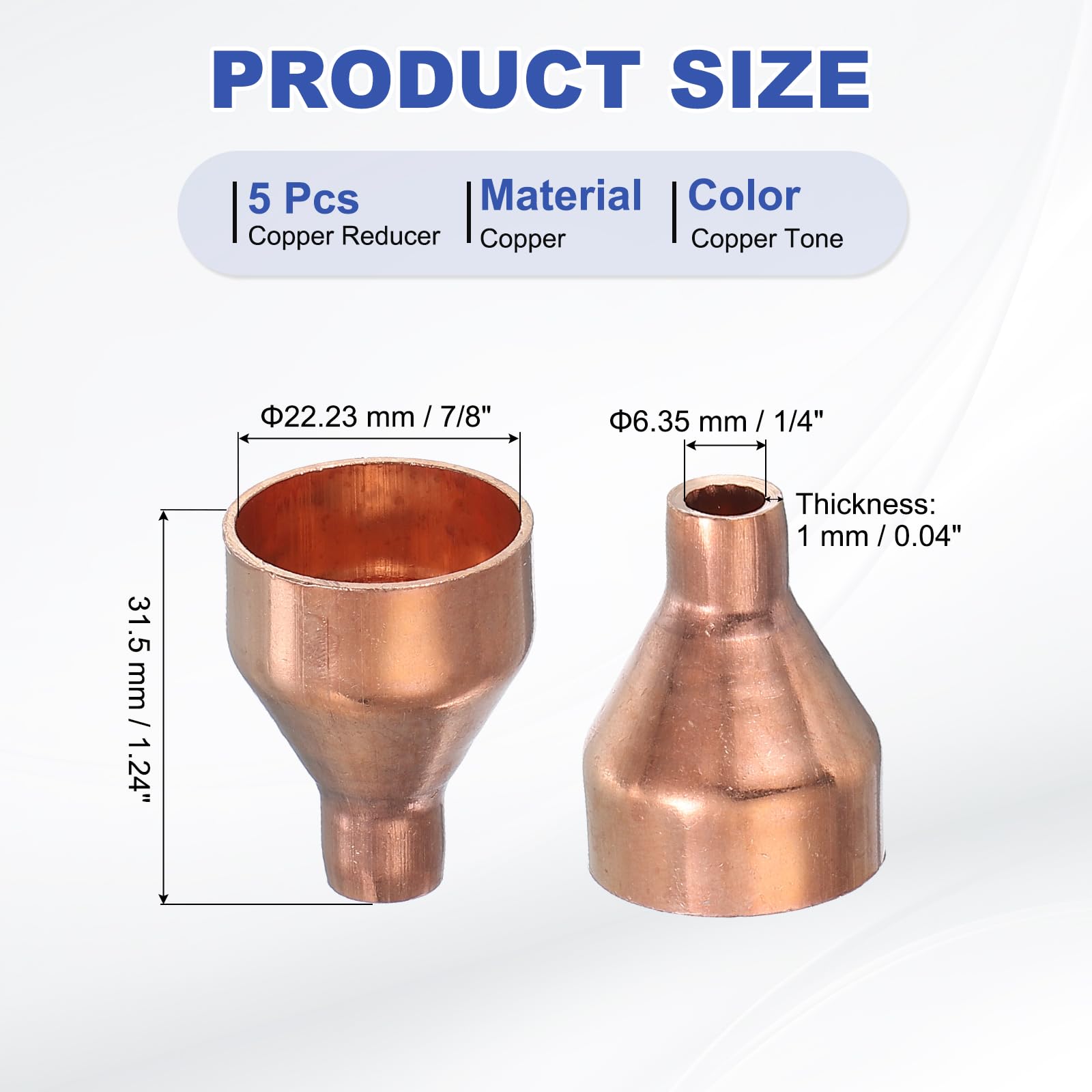 PATIKIL Reductor de cobre de 7/8 a 1/4 pulgadas de diámetro interior, 5 piezas de acoplamiento de cobre reductor de presión, adaptador de conector de tubo con conexión de soldadura de sudor para