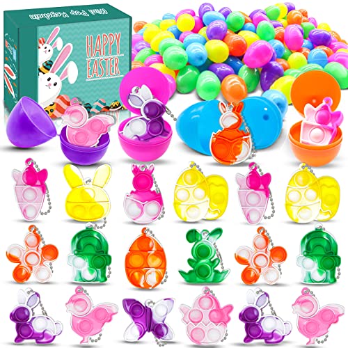 Bicman 28Pcs Easter Theme Mini Pop Keychain Fidget Sensory Toys With 28Pcs Easter Eggs Inside, Easter Basket Stuffers Gifts For Kids Boys Girls Toddlers, Easter Gifts Bulk, Party Favors, Classroom Prize Fillers #TOP1