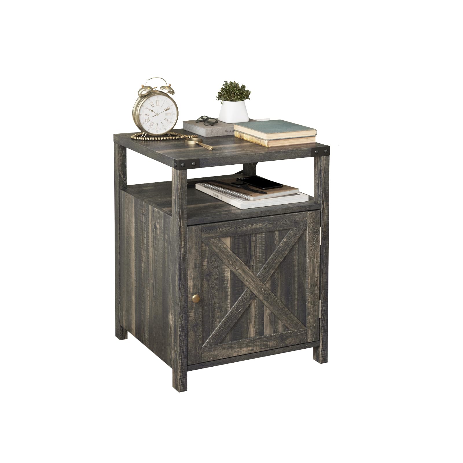 HOSEOKA Farmhouse Nightstand with Charging Station, Rustic End Table Bedroom with Storage Living Room Side Table Dark Oak Night Stand Industrial Bedside Bed Table with USB Ports and Outlets