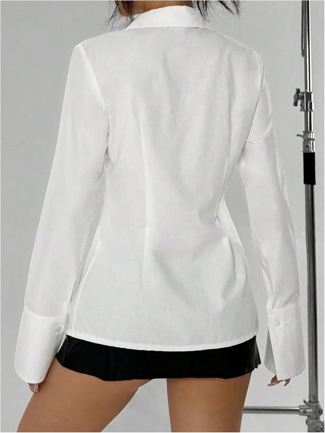 GORGLITTER Women's Button Up Fitted Blouse Dressy Bell Sleeve Office Work Shirt Cinched Waist Tops - Image 3