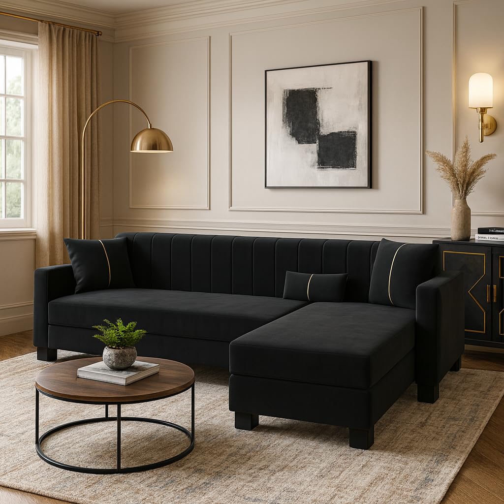 Almeria 4 Seater RHS L Shape Sofa Set | Soft Velvet Suede Fabric | Modern Design | Plush Comfort Cushions for Living Room (Black) Almeria 4 Seater RHS L Shape Sofa Set | Soft Velvet Suede Fabric | Modern Design | Plush Comfort Cushions for Living Room (Black)