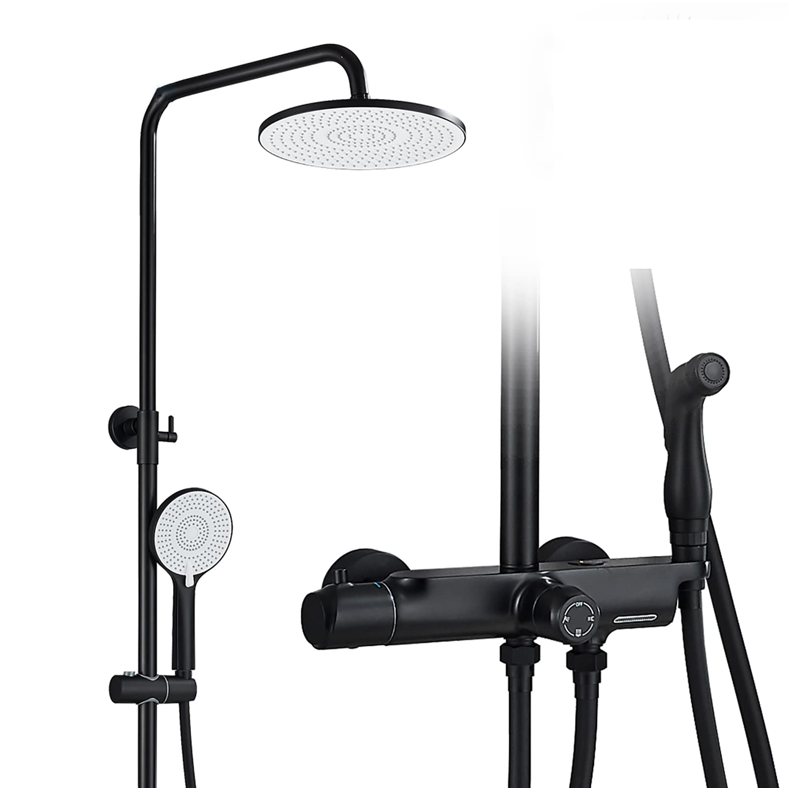 NGDFGR Thermostatic Shower With 10 In Rain Shower Head, Black Shower Combo Set Wall Mount Shower Faucet Set With Waterfall Tub Spout, 3 Mode Handheld Shower, Bidet Sprayer