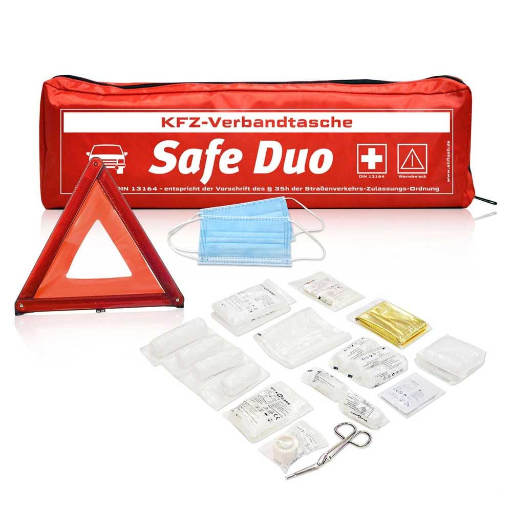 Kombitasche 2in1 Kfz-Verbandstasche Safe Duo rot | Verbandstoffe neueste Norm 13164:2022-02 | Euro Warndreieck | Verbandskasten für Auto