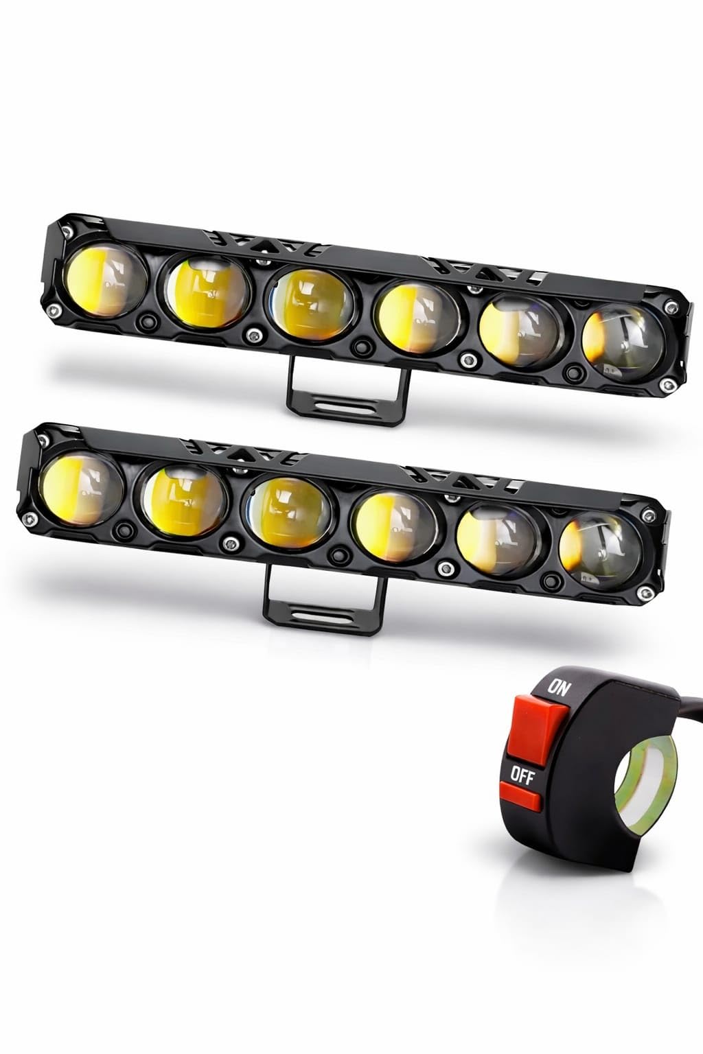 6 Lens Dual Color LED Fog Light Bar White/Yellow with Flashing Mode | Waterproof Auxiliary Light for Bike, Car & Off-Road | Pack of 2 with ON/OFF Switch-image-32