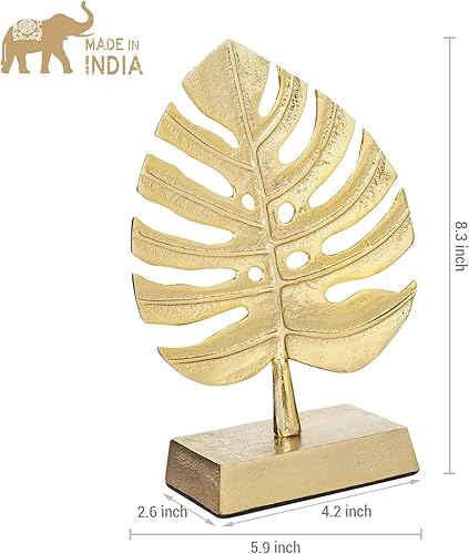 Miniatura 5 de MyGift Decoración de escultura de arte moderno de hoja de palmera de metal en tono latón, estatua de planta de Monstera - Hecho a mano en la India