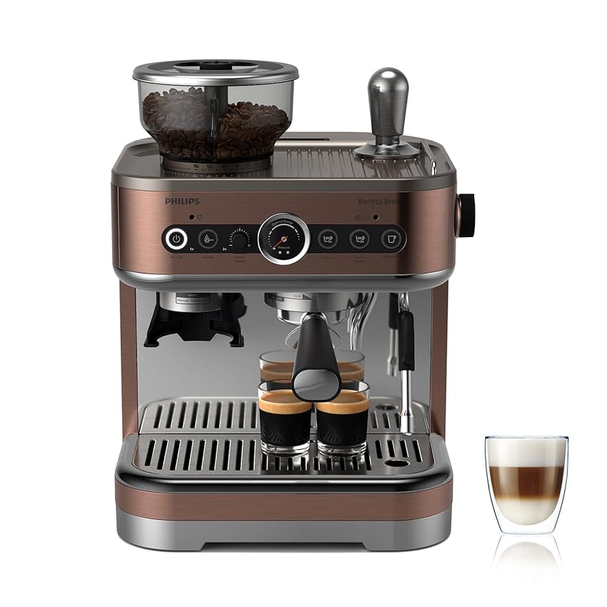 Philips Barista Brew Macchina per caffè espresso semiautomatica - Pulsante per espresso singolo, doppio e Americano, doppio contenitore di caffè in grani da 280 g, cappuccino in metallo (PSA3228/41)
