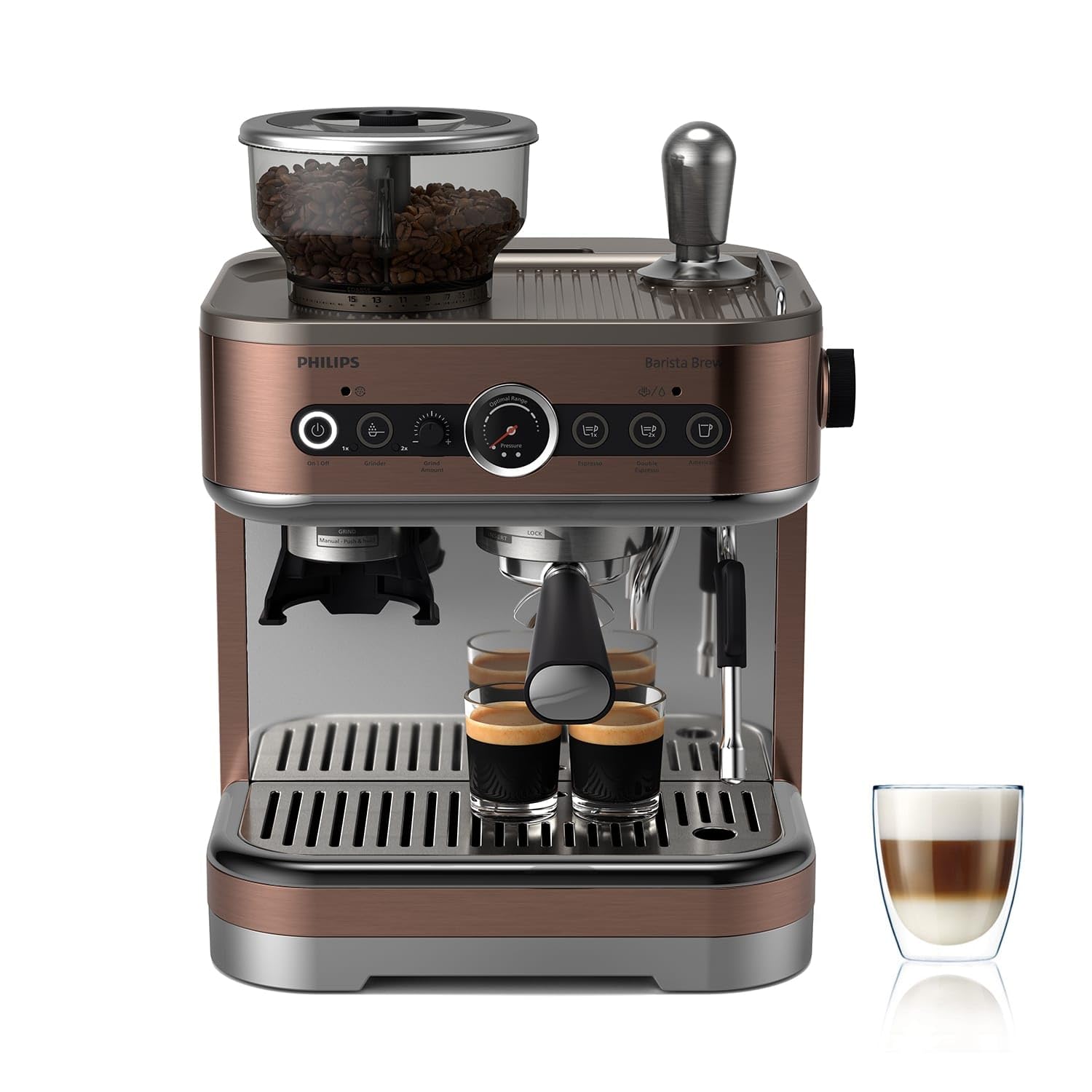 PHILIPS Barista Brew Macchina Espresso Semiautomatica, 280g, Acciaio Inox | Guida intuitiva, Doppio vano chicchi 280g , macchina caffè con portafiltro professionale, Pressino Calbirato (PSA3228/41)