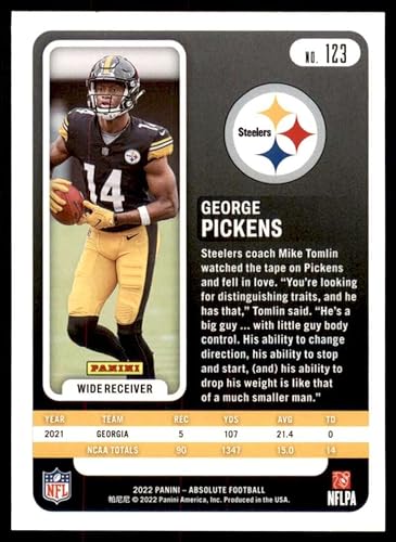 Miniatura 2 de 2022 Panini Absolute #123 George Pickens NM-MT RC Rookie Pittsburgh Steelers Football Trading Card NFL